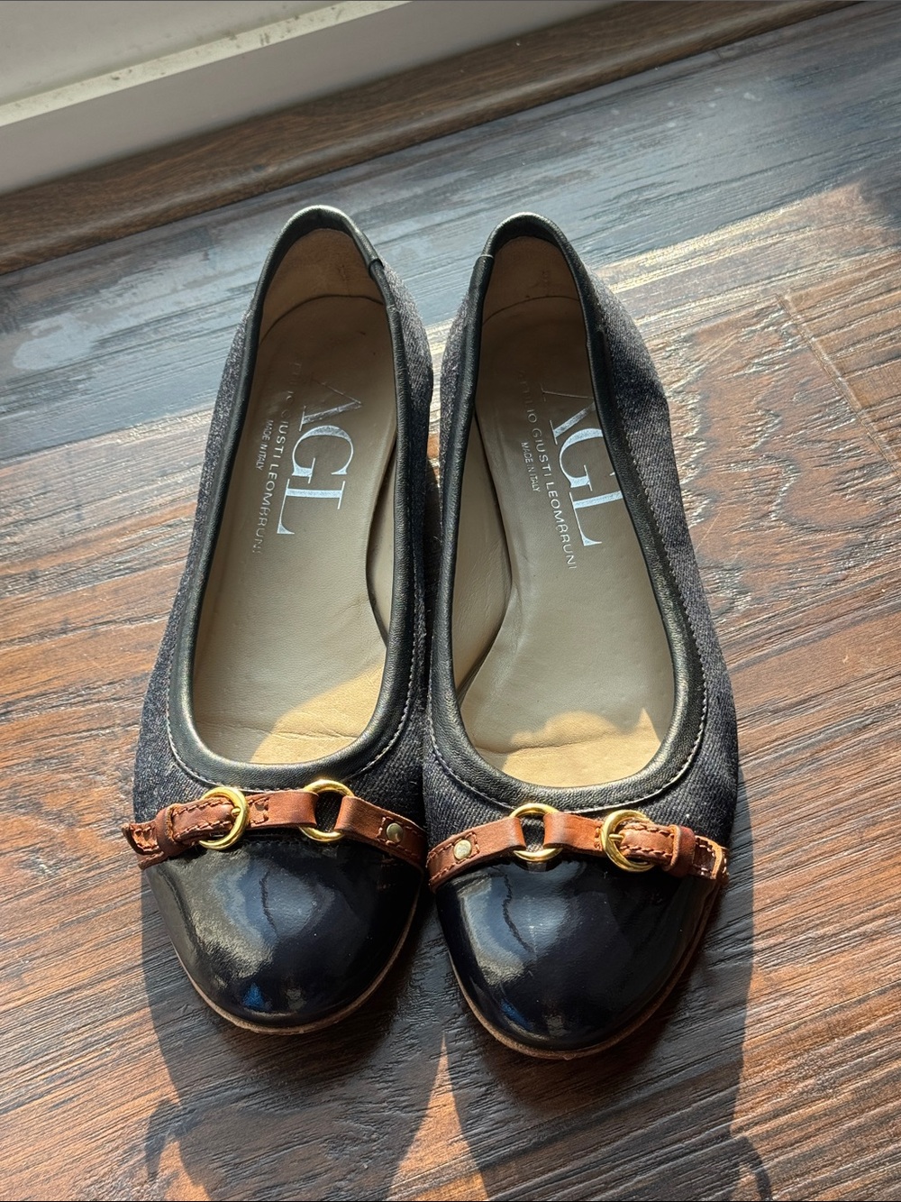 AGL Navy Flats with Brown Leather Strap and Gold Hardware